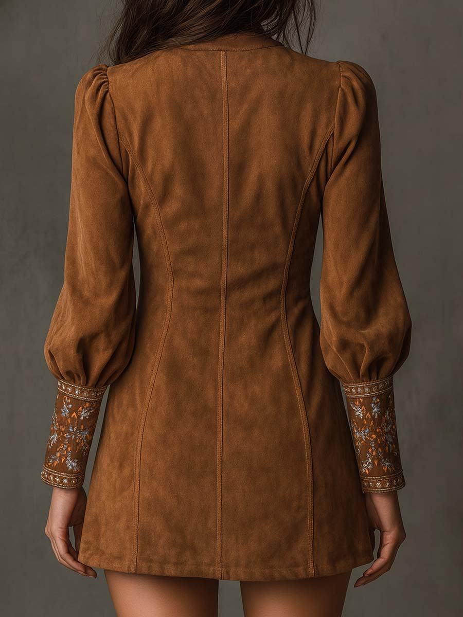 Verona - Vestido mini marrón vintage con cuello en V y bordados