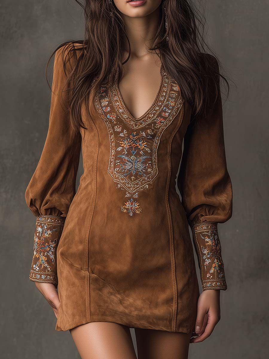 Verona - Vestido mini marrón vintage con cuello en V y bordados