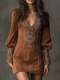 Verona - Vestido mini marrón vintage con cuello en V y bordados