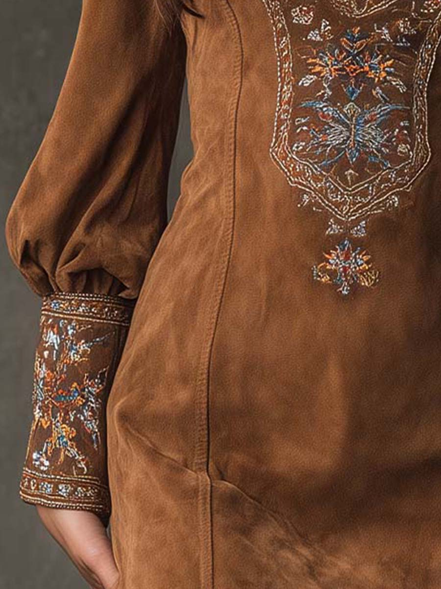 Verona - Vestido mini marrón vintage con cuello en V y bordados