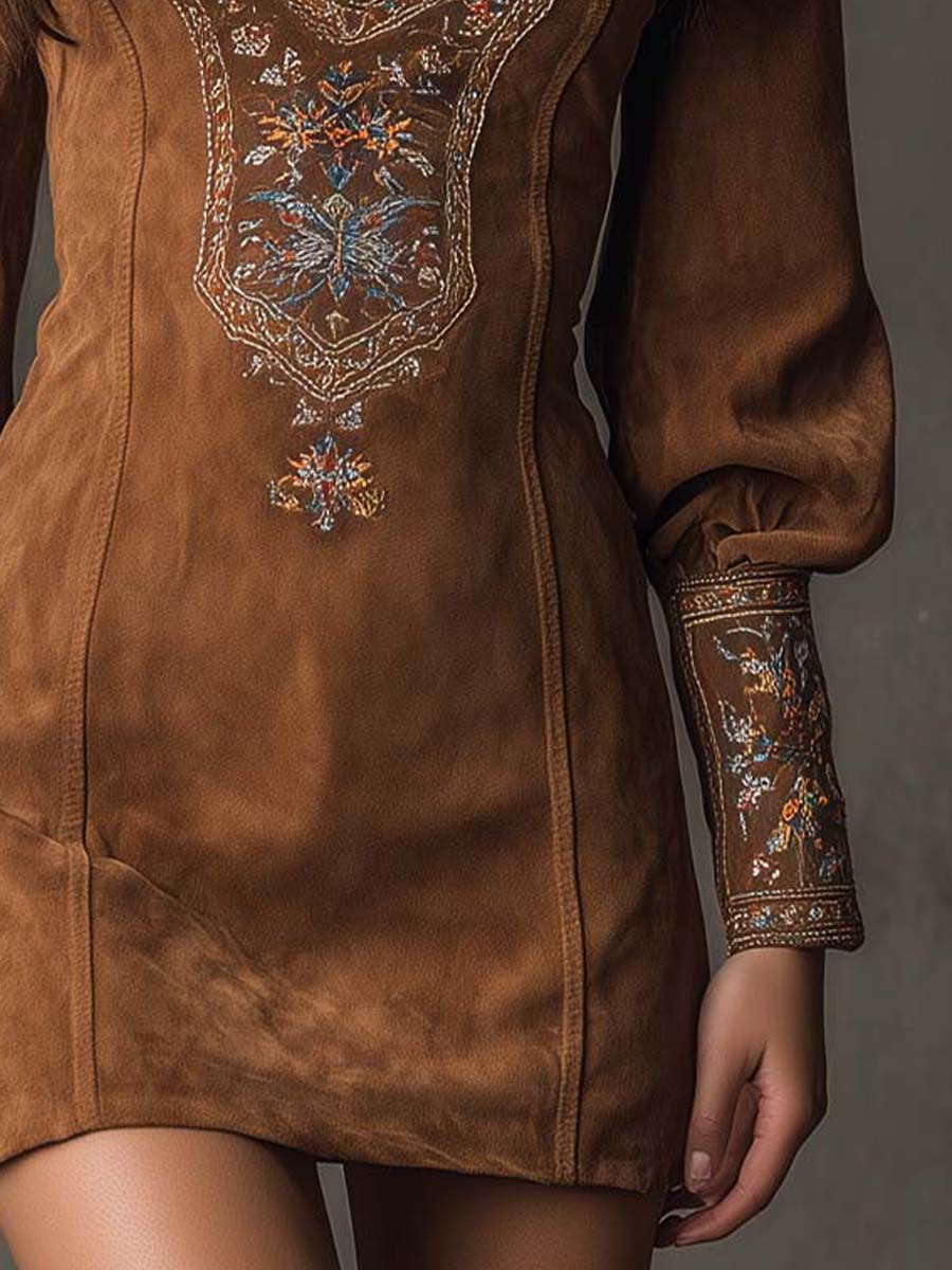 Verona - Vestido mini marrón vintage con cuello en V y bordados