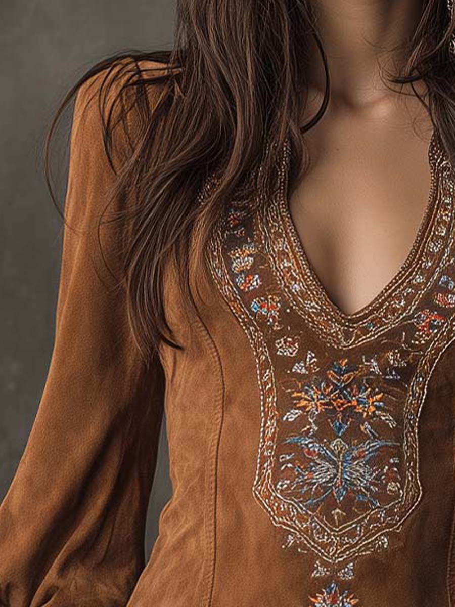 Verona - Vestido mini marrón vintage con cuello en V y bordados